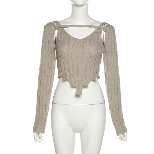Women's solid slim exposed navel street fashion V-neck long sleeve T-shirt