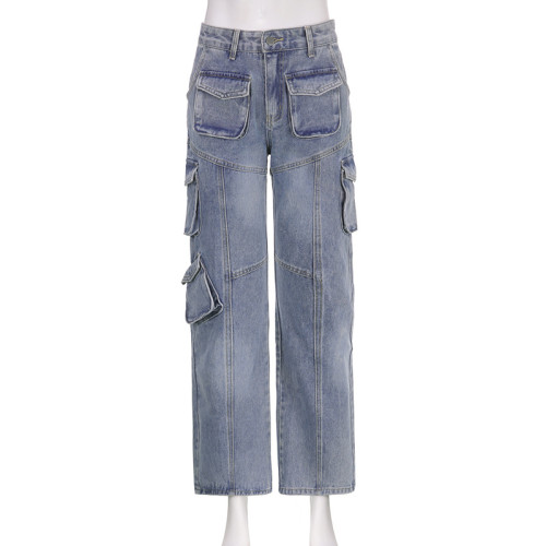 Tie dyed distressed high waist zipper straight tube loose irregular splicing pocket vintage denim trousers