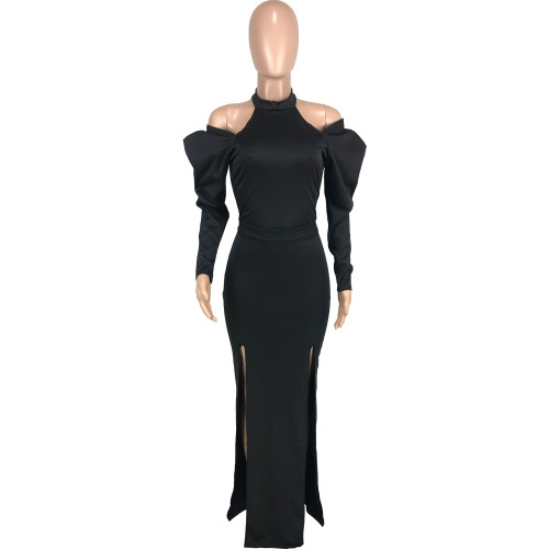 Women's fashion casual sexy solid off shoulder split invisible zipper dress long skirt with belt