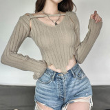 Women's solid slim exposed navel street fashion V-neck long sleeve T-shirt