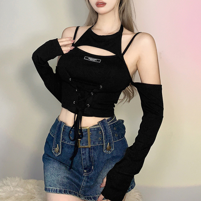 Women's solid color slim fashion strap sexy backless long sleeve T-shirt