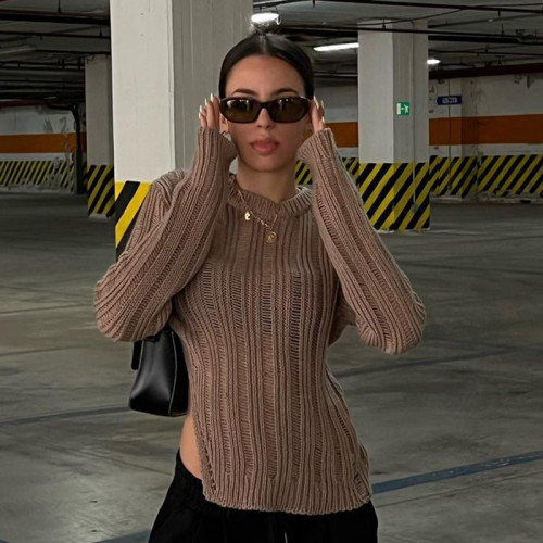 Irregular side split woolen blouse Women's fashion trend personality Versatile hole long sleeve top