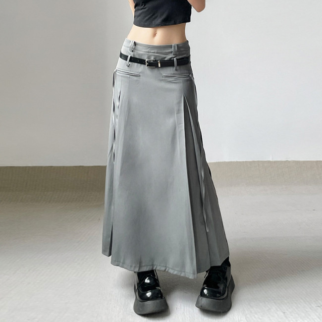 Double waist head with belt Slim mid length skirt High temperature shape setting splicing pleated tooling skirt