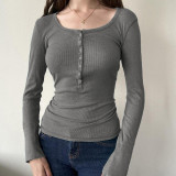 Half open necked breasted slim V-neck basic top European and American hot girls fall thin bottomed T-shirt