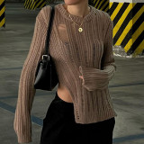 Irregular side split woolen blouse Women's fashion trend personality Versatile hole long sleeve top