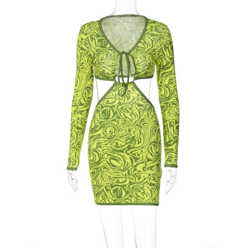 Striped sexy lace up cut out hip wrap dress