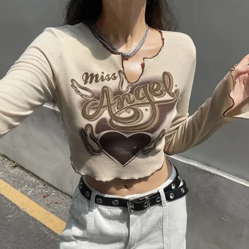 Printed skin color V-neck short long sleeve slim fitting T-shirt Spice Girl street casual versatile top