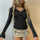 Half open necked breasted slim V-neck basic top European and American hot girls fall thin bottomed T-shirt