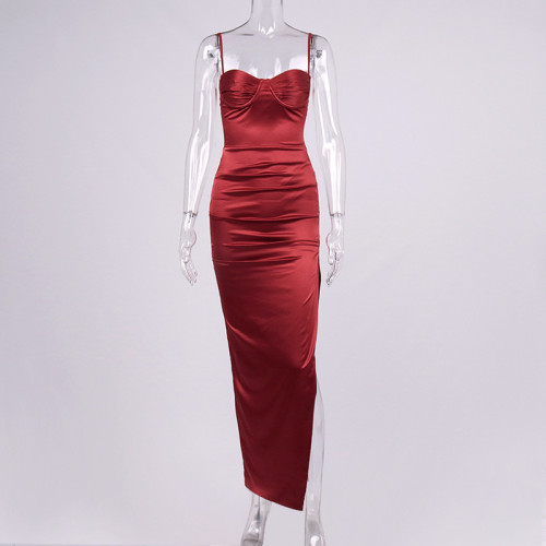 Women's sexy color Ding Gao slit pleated open backpack hip sling long skirt