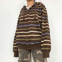 Fashion Stripe Print Loose Hooded David Dress Hot Girl Lace up Warm Casual Coat