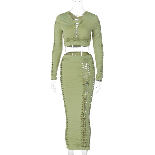 Fashion sexy hollow long sleeve top slim skirt suit