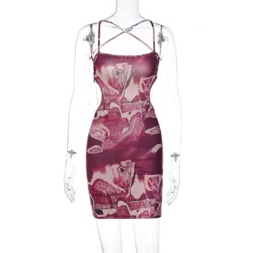 Milk Silk Print Sleeveless Underlay Sexy Lace up Backpack Hip Dress
