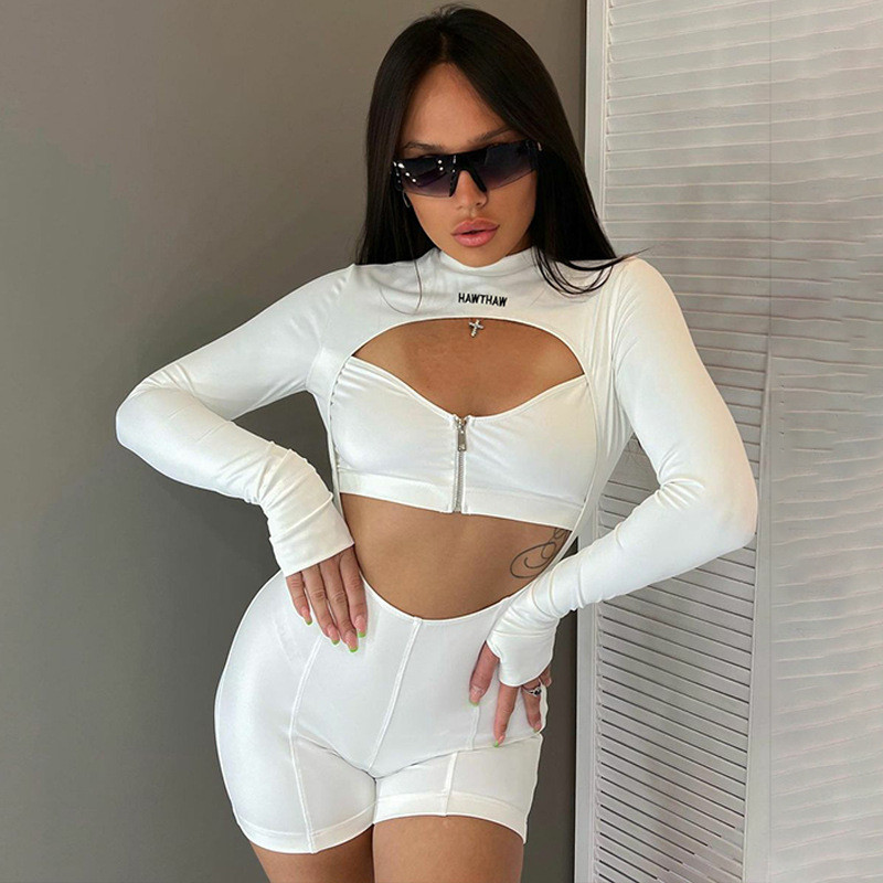 Sexy hollow chest zipper round neck long sleeve jumpsuit