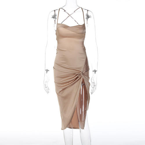 Fashion sexy backless lace up slim slit dress