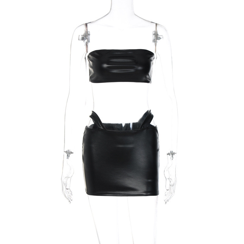PU solid leather chest wrap skirt sexy low waist exposed navel suit