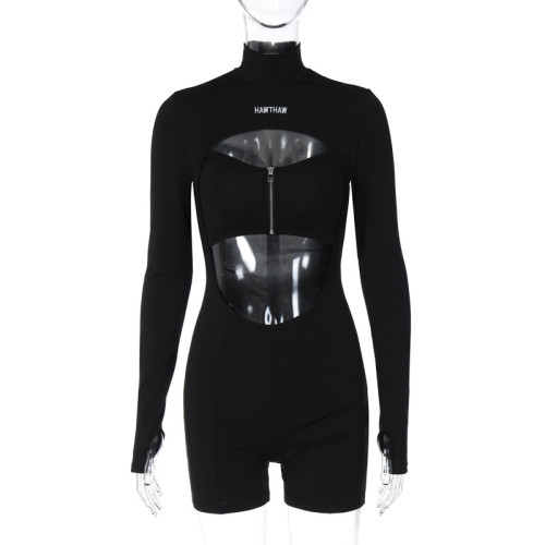 Sexy hollow chest zipper round neck long sleeve jumpsuit