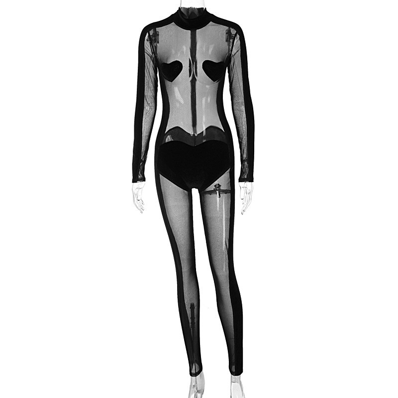 Fashion sexy mesh perspective zipper back long sleeve jumpsuit