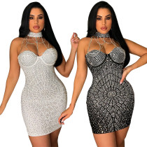 Sexy nightclub style hot drill neck hanging chain splicing backless short skirt slim buttocks dress