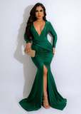 Women's deep V long sleeve pleated smooth bright color mop dress slit evening dress dress
