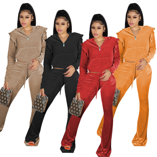 Women's cute ruffle zipper pullover top pocket flare pants