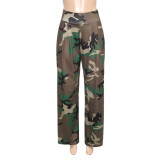 Camouflage printed elastic waist wide leg pants casual pants