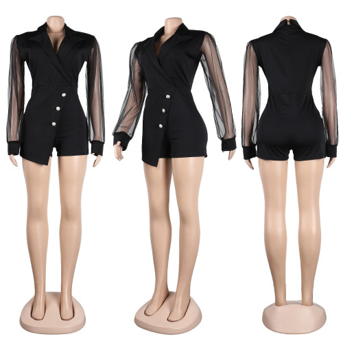 Sexy button deep V slim mesh nightclub jumpsuit