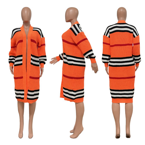 Women's casual cardigan long hand knitted stripe coat