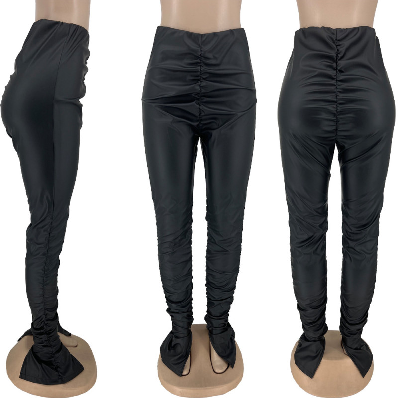 Women's pleated tight and versatile high elastic PU leather casual pants