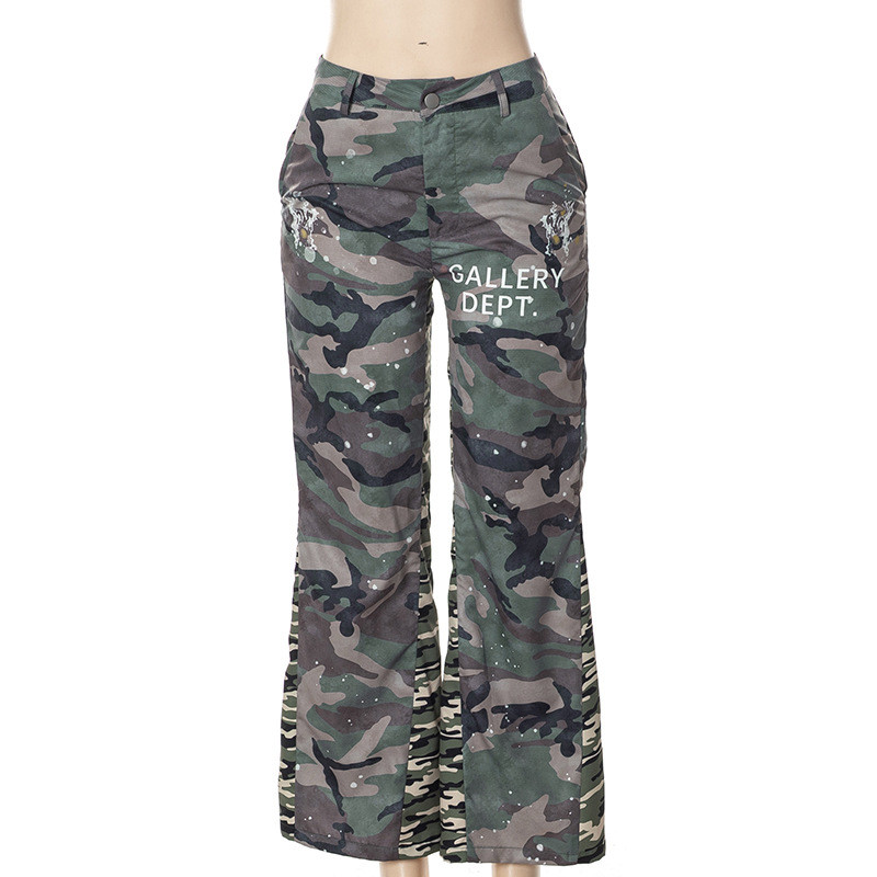 Fashion printed camouflage pocket overalls flare pants