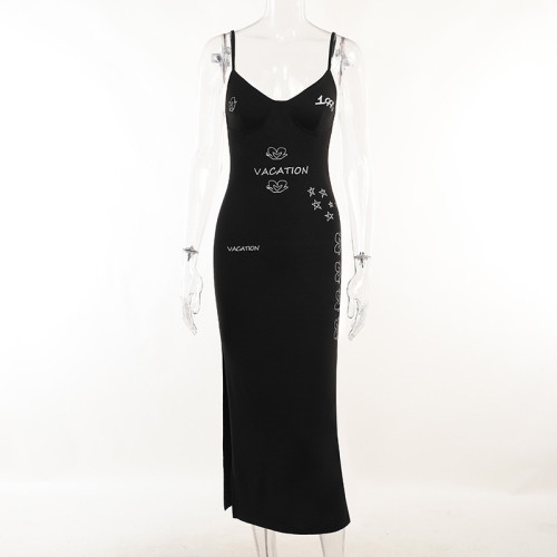 Basic printed dress Fashion temperament Women's sexy backless sleeveless black dress