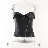 Motorcycle personality zipper bra leather top sexy slim top