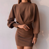 Solid color long sleeve temperament waist bag hip dress