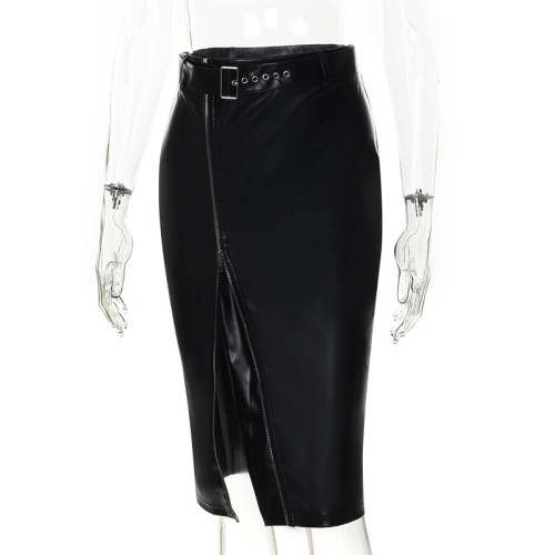 New fashion high waist PU personality irregular zipper skirt
