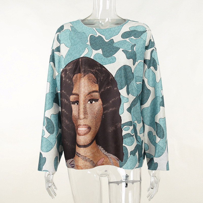 Hip hop figure print round neck loose casual long sleeve sweater