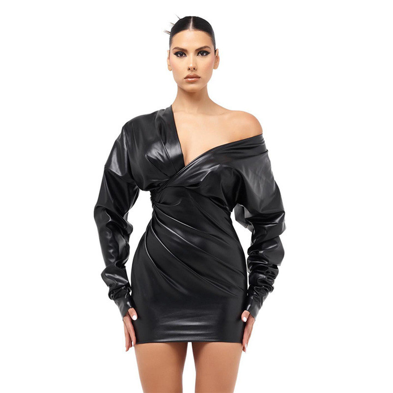 Fashionable PU leather deep V-neck sexy slim wrap dress