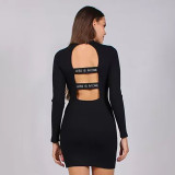 Solid casual embroidered backless long sleeve slim high waist short dress