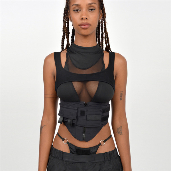 Fashionable mesh panel molded stick solid round neck waist tight top