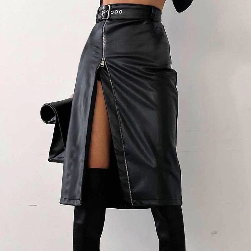 New fashion high waist PU personality irregular zipper skirt