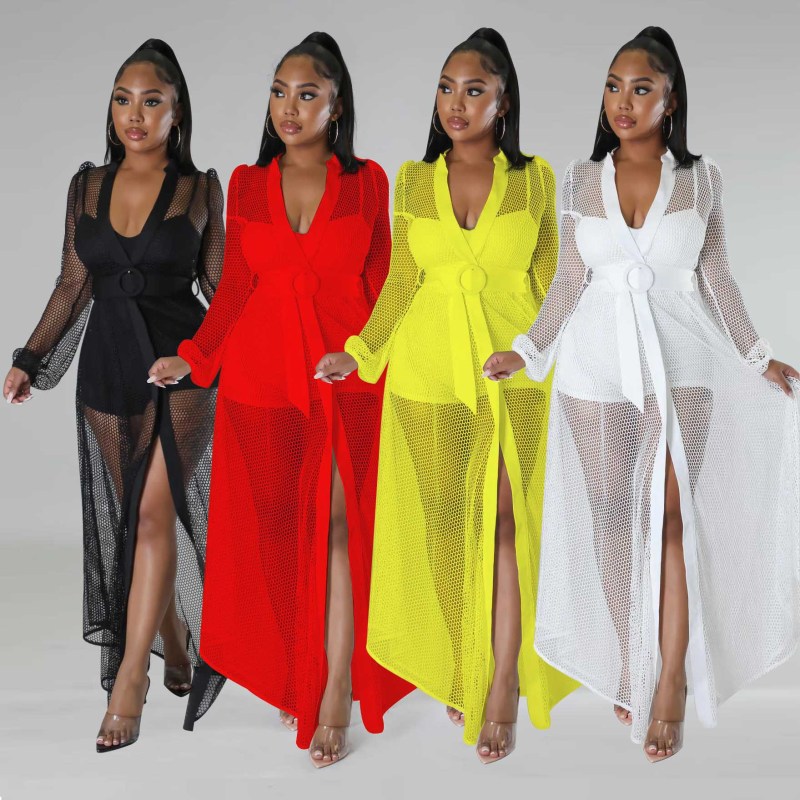 Fashion elegant slim thick mesh perspective solid color long sleeve jumpsuit