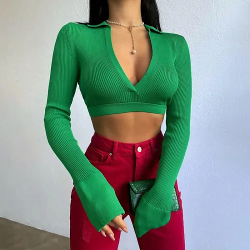 Sexy Deep V Chest Polo Collar Woolen Short Long Sleeve T-Shirt