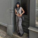 Low rise denim overalls Star print large pocket design straight casual pants