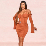 Fashionable women's bodice ruffle lace up long sleeved short skirt dress