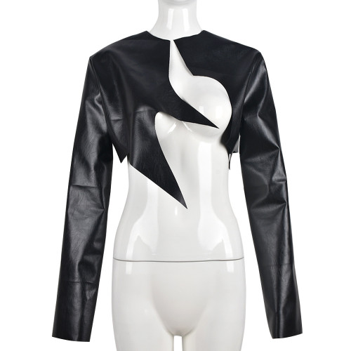 PU leather irregular splicing exposed navel street top