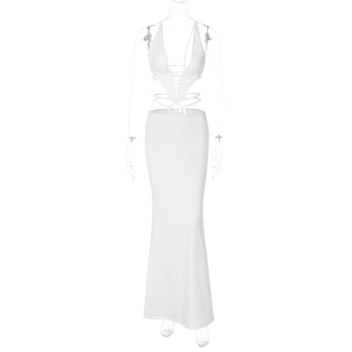 Sexy Lace up Open Back Hollow Neck Deep V Splice Long Dress