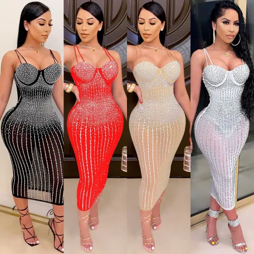 Nightclub gauze perspective hot diamond inlaid sling dress