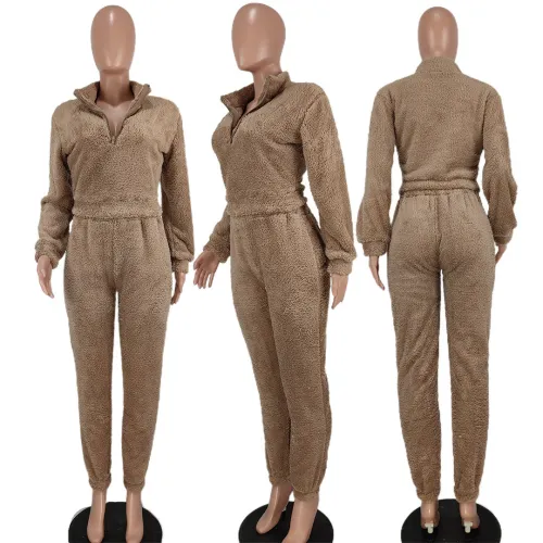Two piece thickened reversible velvet V-neck casual suit