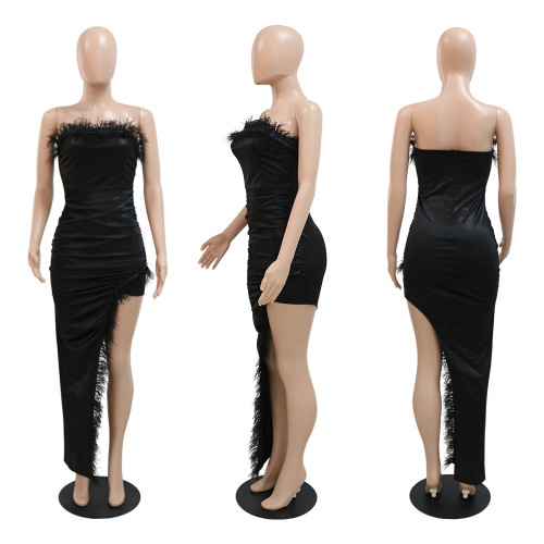 Bra coat fur pleated high split hip bag solid color dress women's fashion evening dress
