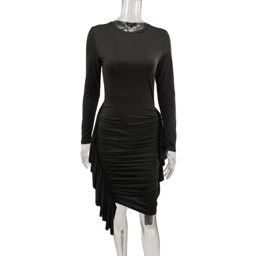 Temperament Slim Pleated Long Sleeve Spring Autumn Casual Dress
