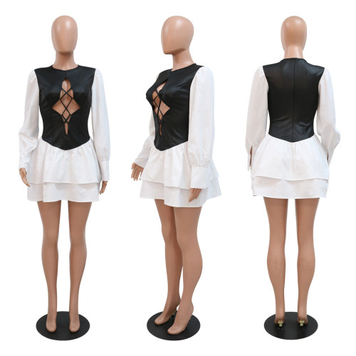 Fashion round neck PU splicing polyester cotton long sleeve pleated dress