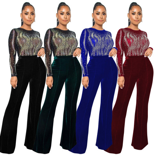 Sexy round neck perspective polyester mesh splicing velvet loose jumpsuit fashion hot drilling